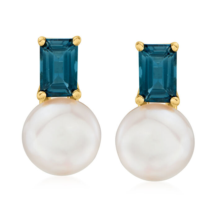 8-8.5mm Cultured Pearl and 1.20 ct. t.w. London Blue Topaz Earrings in 18kt Gold Over Sterling