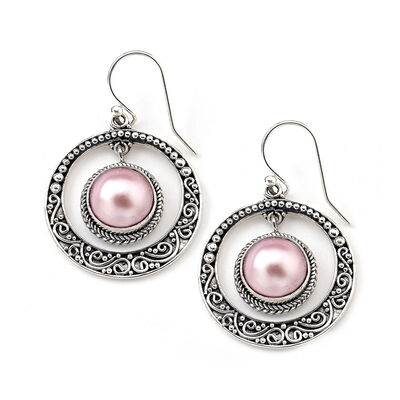 10mm Pink Cultured Mabe Pearl Bali-Style Circle Drop Earrings in Sterling Silver