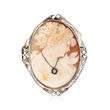 C. 1950 Vintage Pink Shell Cameo Pin/Pendant with Diamond Accent  in 14kt White Gold