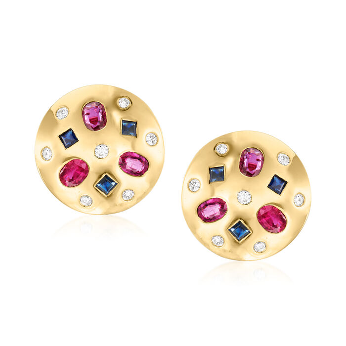 C. 1980 Vintage 2.10 ct. t.w. Ruby and .75 ct. t.w. Sapphire Earrings with .55 ct. t.w. Diamonds in 18kt Yellow Gold