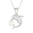 5-5.5mm Cultured Pearl Dolphin Pendant Necklace in 14kt White Gold