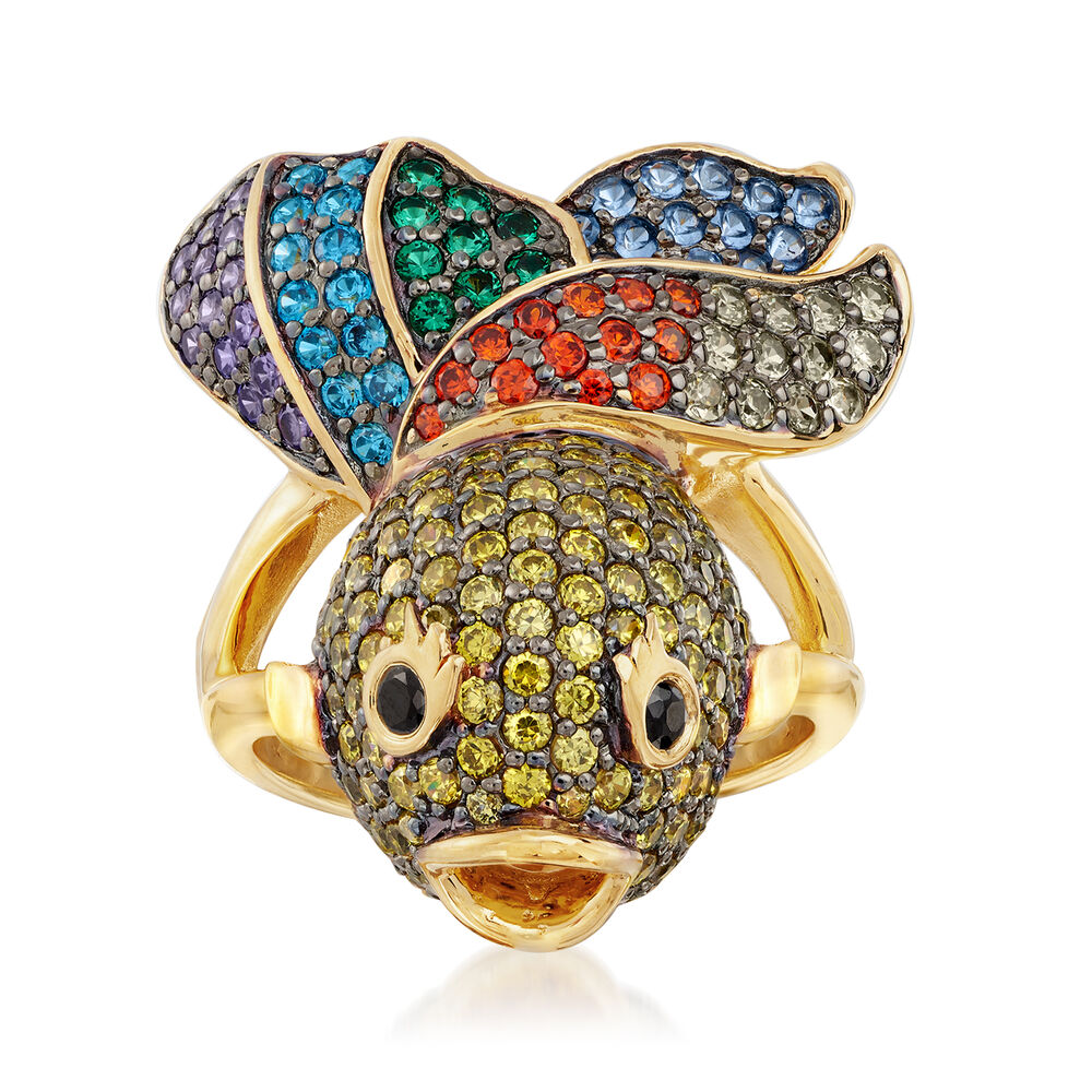 3.00 ct. t.w. Multicolored CZ Fish Ring in 18kt Gold Over Sterling ...