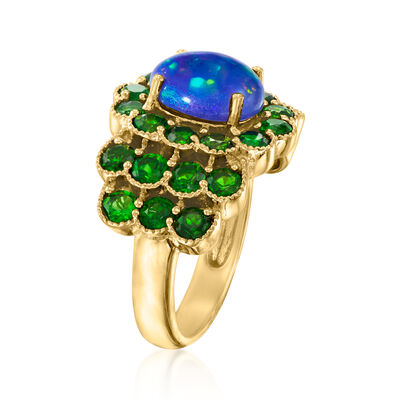 Black Opal and 3.10 ct. t.w. Chrome Diopside Ring in 18kt Gold Over Sterling