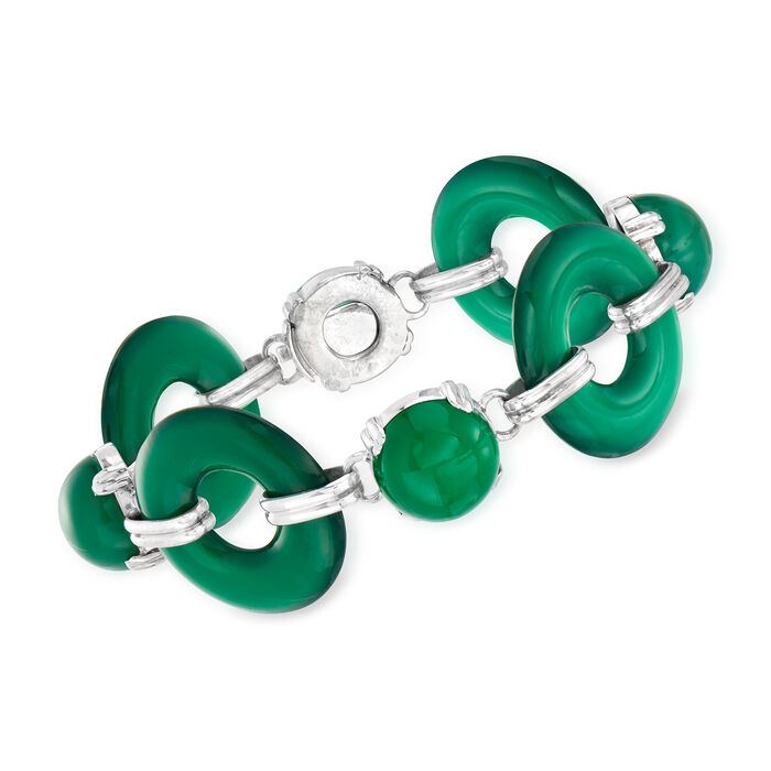 C. 1945 Vintage Green Chalcedony Link Bracelet in 14kt White Gold