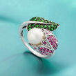7.5-8mm Cultured Pearl and 1.50 ct. t.w. Multi-Gem Tulip Bypass Ring in Sterling Silver