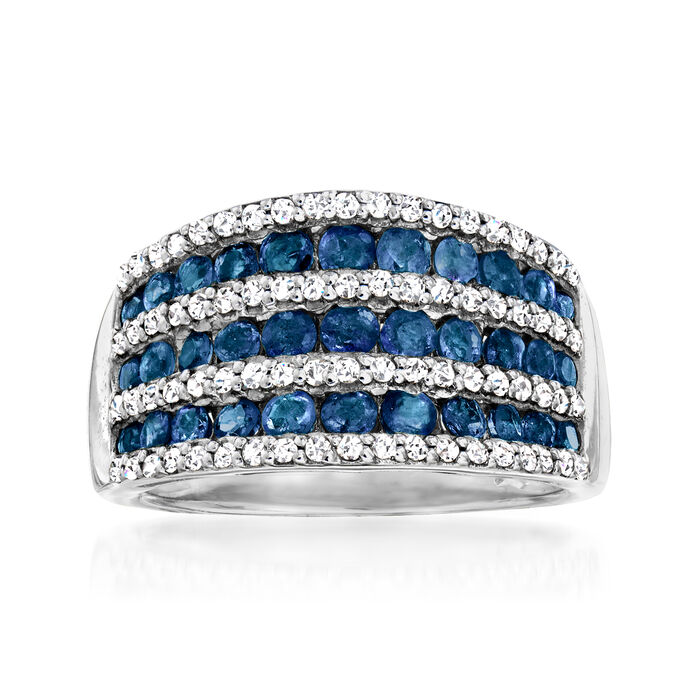 1.30 ct. t.w. Sapphire and .70 ct. t.w. White Zircon Multi-Row Ring in Sterling Silver