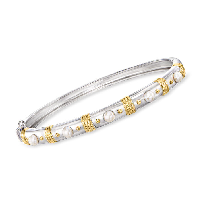 3.5-4mm Cultured Pearl Bangle Bracelet in Two-Tone Sterling Silver