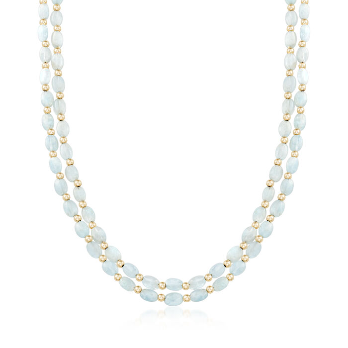 70.00 ct. t.w. Multi-Strand Aquamarine Bead Necklace in 14kt Yellow Gold