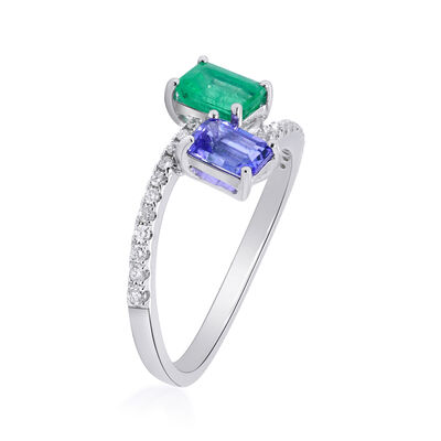 .60 Carat Emerald and .50 Carat Tanzanite Bypass Ring with .16 ct. t.w. Diamonds in 18kt White Gold