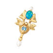 C. 1980 Vintage Cultured Pearl, Opal and .25 Carat Blue Topaz Pin in 18kt Yellow Gold