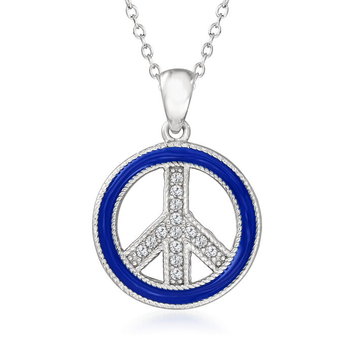 Blue Enamel and .10 ct. t.w. White Topaz Peace Sign Pendant Necklace in Sterling Silver