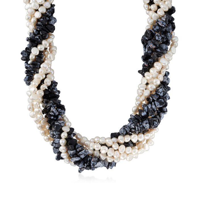 5-6mm Cultured Pearl and Snowflake Obsidian Torsade Necklace with Sterling Silver