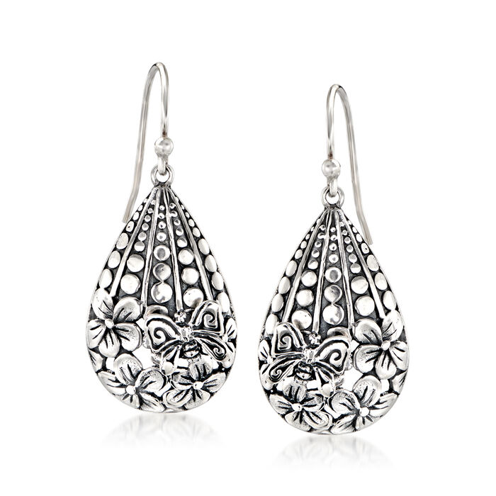 Sterling Silver Bali-Style Flower and Butterfly Drop Earrings