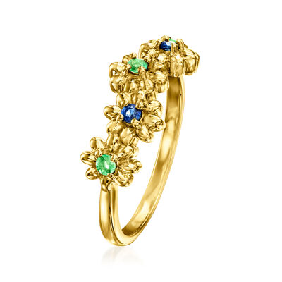 .15 ct. t.w. Sapphire and Emerald Floral Ring in 18kt Gold Over Sterling