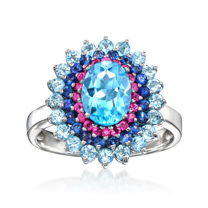 2.40 ct. t.w. Swiss Blue Topaz Ring with .50 ct. t.w. Sapphires and .30 ct. t.w. Rubies in 14kt White Gold