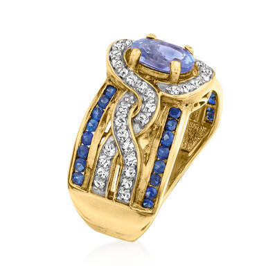 .80 Carat Tanzanite and .60 ct. t.w. Sapphire Ring with .30 ct. t.w. White Zircon in 18kt Gold Over Sterling