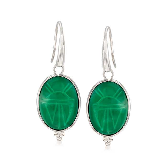 Green Agate Scarab Drop Earrings in Sterling Silver