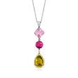 C. 1980 Vintage 9.85 ct. t.w. Pink and Yellow Tourmaline and .59 ct. t.w. Yellow Diamond Pendant Necklace in 18kt White Gold