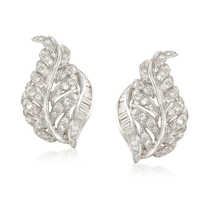 C. 1970 Vintage 1.80 ct. t.w. Round and Baguette Diamond Leaf Clip-On Earrings in 18kt White Gold 