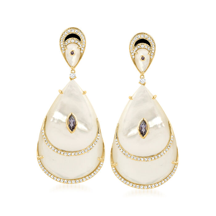 Mother-of-Pearl, 1.00 ct. t.w. Diamond and .44 ct. t.w. Iolite Drop Earrings with Black Enamel in 18kt Yellow Gold