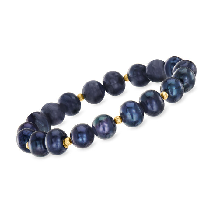 9-10mm Black Cultured Pearl Stretch Bracelet with 14kt Yellow Gold