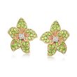 1.10 ct. t.w. Chrome Diopside and .20 ct. t.w. White Zircon Flower Earrings in 14kt Yellow Gold 
