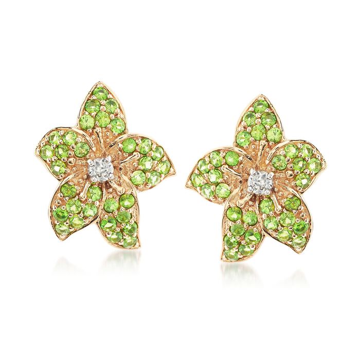 1.10 ct. t.w. Chrome Diopside and .20 ct. t.w. White Zircon Flower Earrings in 14kt Yellow Gold 