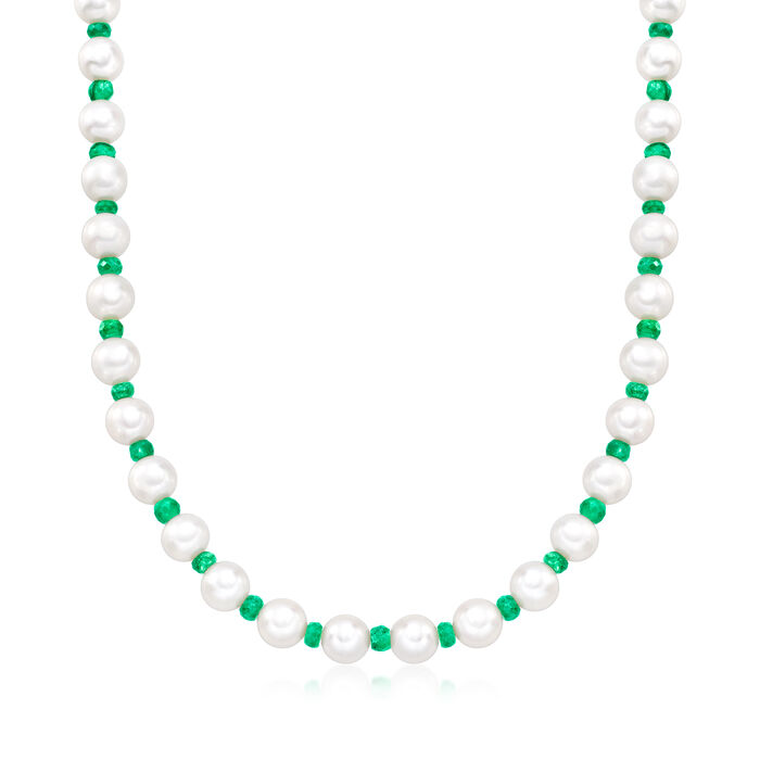 8-8.5mm Cultured Pearl and 13.00 ct. t.w. Emerald Bead Necklace with 14kt Yellow Gold