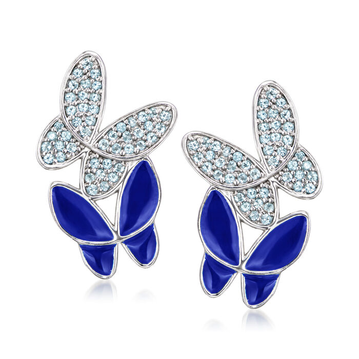 .50 ct. t.w. Swiss Blue Topaz and Blue Enamel Butterfly Earrings in Sterling Silver