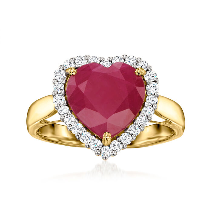 4.20 Carat Ruby Heart Ring with .34 ct. t.w. Diamonds in 14kt Yellow Gold