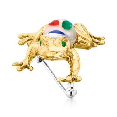 C. 1990 Vintage Asch Grossbardt Mother-of-Pearl and Multi-Gemstone Inlay Frog Pin with Emerald Accents in 14kt Yellow Gold