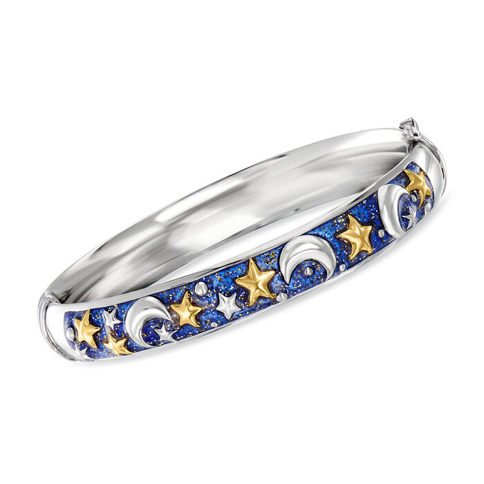 Blue Enamel Celestial Bangle Bracelet in Two-Tone Sterling Silver