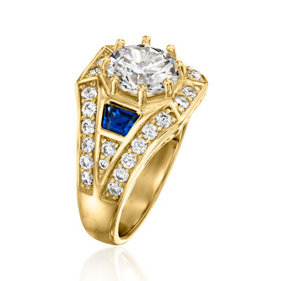 2.50 ct. t.w. CZ and .20 ct. t.w. Simulated Sapphire Ring in 18kt Gold Over Sterling