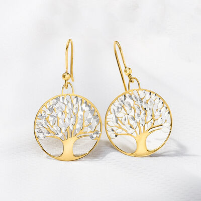 Italian Sterling Silver and 18kt Gold Over Sterling Diamond-Cut Tree of Life Drop Earrings