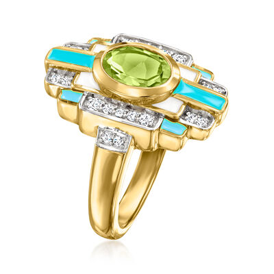 1.40 Carat Peridot and .30 ct. t.w. White Topaz Ring with Blue and White Enamel in 18kt Gold Over Sterling