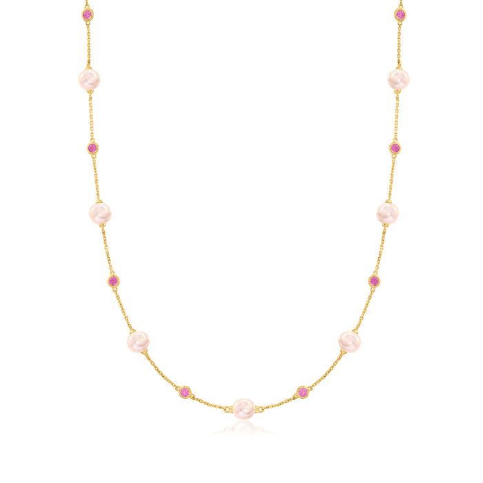 6-6.5mm Pink Cultured Pearl and 1.50 ct. t.w. Pink Topaz Station Necklace in 14kt Yellow Gold