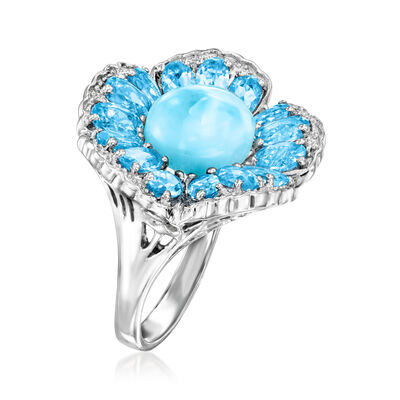 Larimar and 4.90 ct. t.w. Swiss Blue Topaz Flower Ring in Sterling Silver
