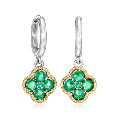 .70 ct. t.w. Emerald Floral Hoop Drop Earrings in Sterling Silver and 14kt Yellow Gold