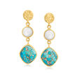 Turquoise and 7mm Cultured Pearl Drop Earrings in 18kt Gold Over Sterling