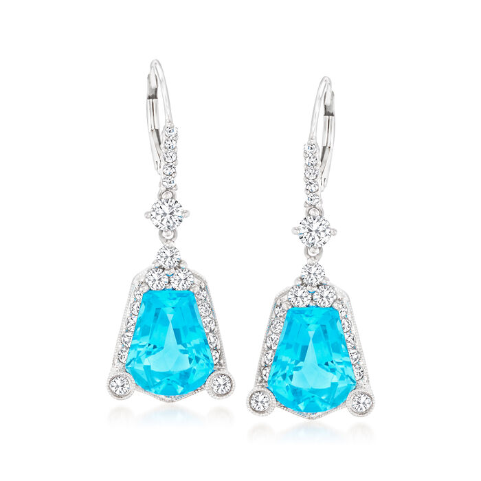 8.50 ct. t.w. Swiss Blue Topaz and 1.95 ct. t.w. Diamond Drop Earrings in 14kt White Gold