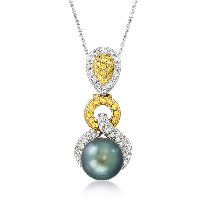 C. 1990 Vintage 13.5mm Black Cultured South Sea Pearl and 1.60 ct. t.w. Yellow and White Diamond Pendant Necklace in 18kt Two-Tone Gold