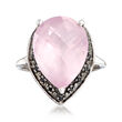 6.25 Carat Rose Quartz Pear-Shaped Ring with Black Spinel Accents in Sterling Silver 