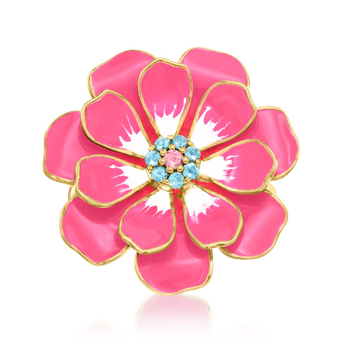 Pink and White Enamel Flower Ring with .10 ct. t.w. Swiss Blue Topaz and Pink Tourmaline Accent in 18kt Gold Over Sterling