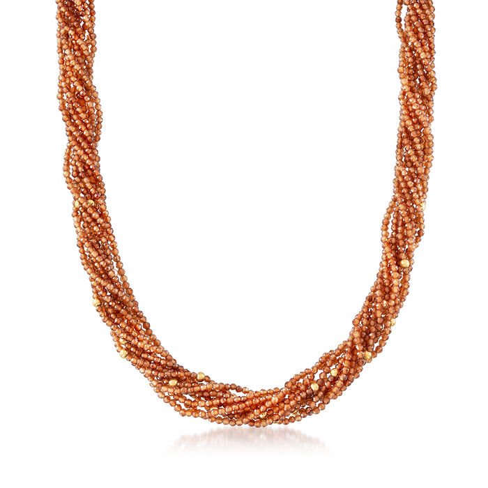 2-2.5mm Hessonite Torsade Bead Necklace with 14kt Yellow Gold