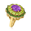 3.10 Carat Amethyst and 1.40 ct. t.w. Peridot Ring with .40 ct. t.w. Chrome Diopsides in 18kt Gold Over Sterling