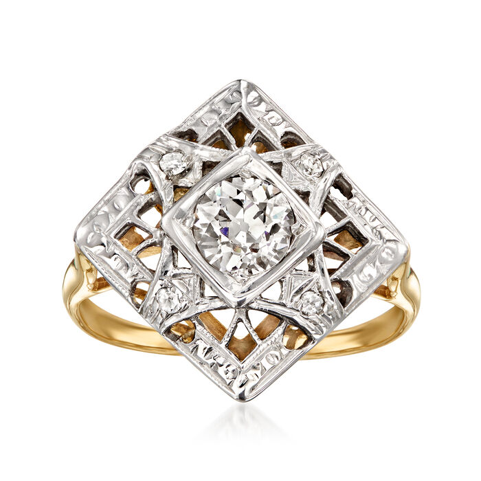 C. 1950 Vintage .75 ct. t.w. Diamond Square Filigree Ring in 14kt Two-Tone Gold
