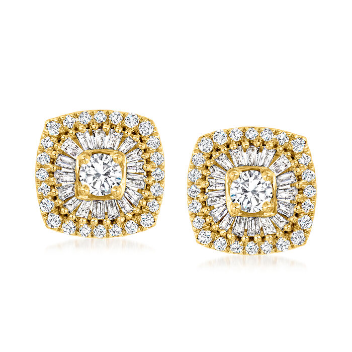 .75 ct. t.w. Baguette and Round Diamond Halo Earrings in 14kt Yellow Gold