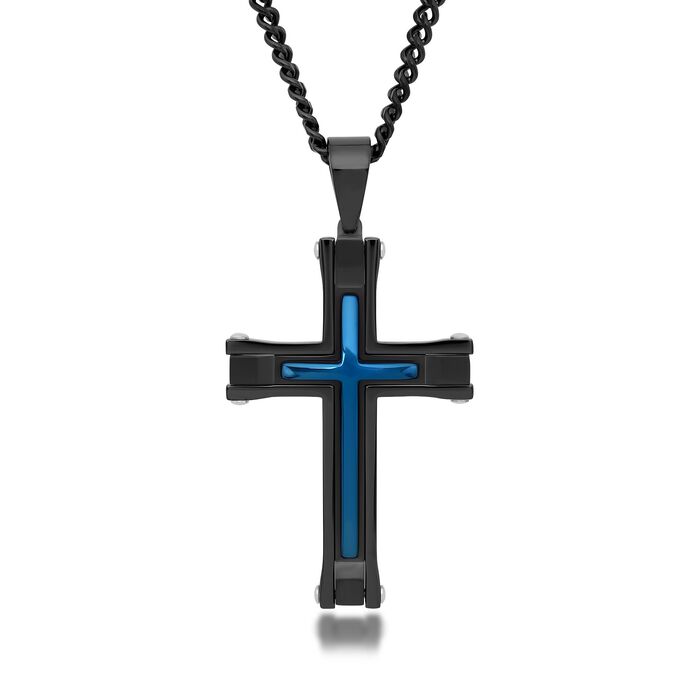 Men's Black and Blue Stainless Steel Cross Pendant Necklace
