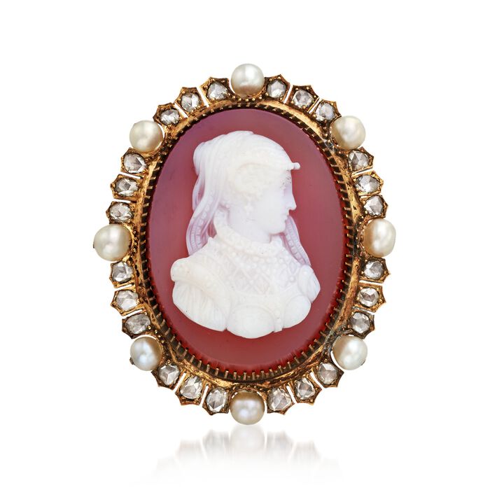 C. 1900 Vintage Carved Agate Cameo Pin With 4mm Cultured Pearls and Diamonds in 14kt Yellow Gold