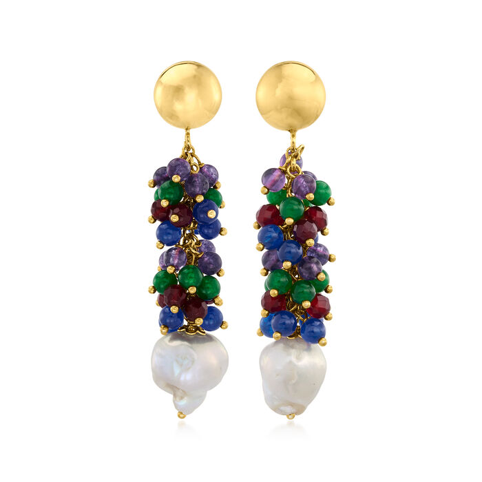 Italian 12-14mm Cultured Pearl and 8.00 ct. t.w. Multi-Gem Drop Earrings in 18kt Gold Over Sterling